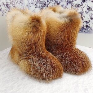 Real 100% Red Fox fur ankle boots - Women winter fur boots Snow boots size 8